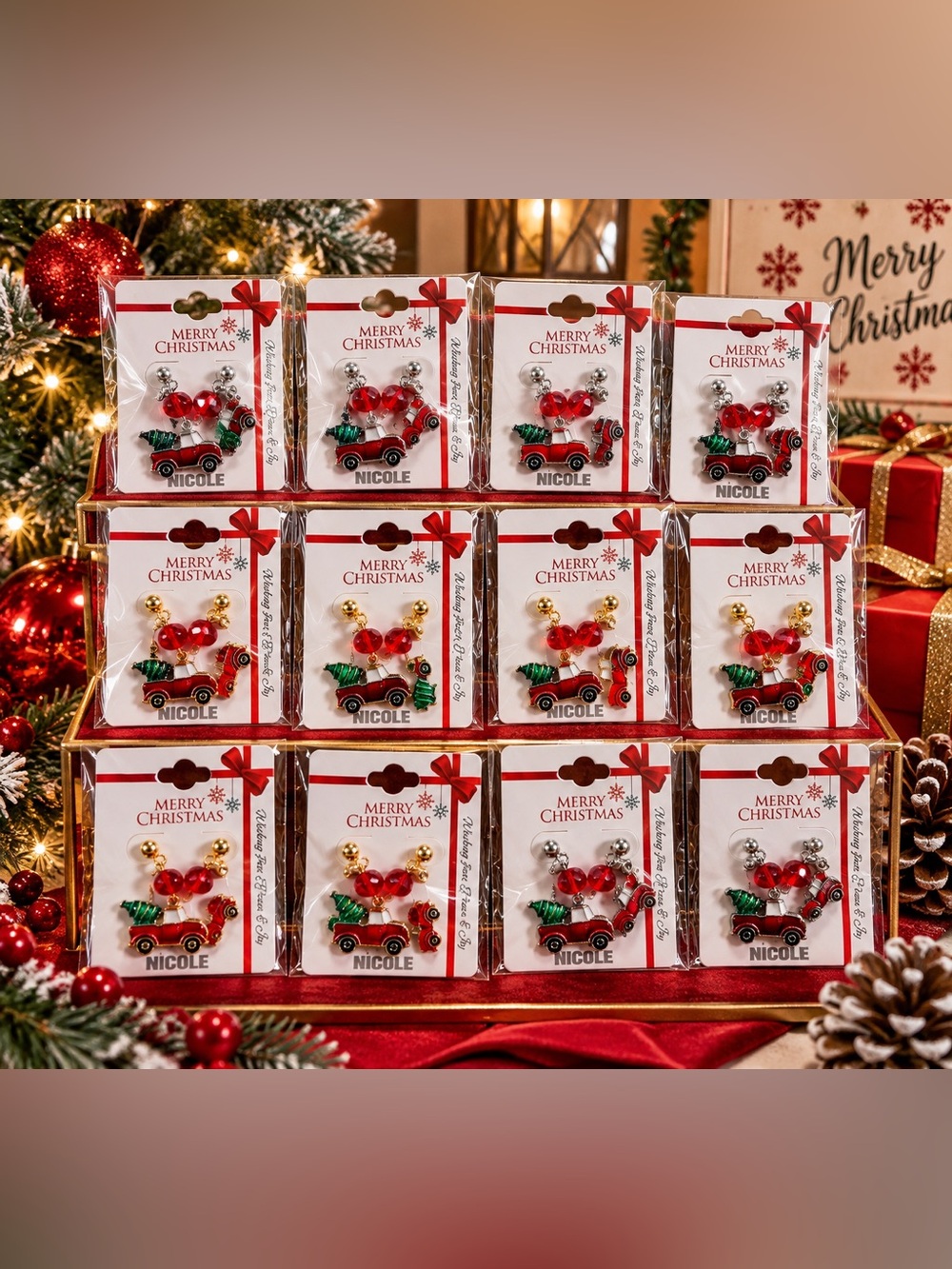 12 Christmas Holiday truck & Tree Earrings - NWT- pierced earrings BULK